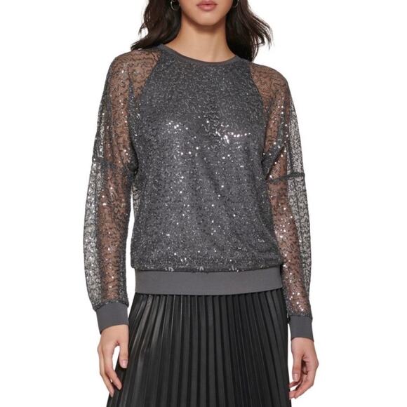 DKNY NWT Sequin Mesh Overlay Crewneck Top Gunmetal Grey Small Dolman Sleeves - Picture 14 of 16